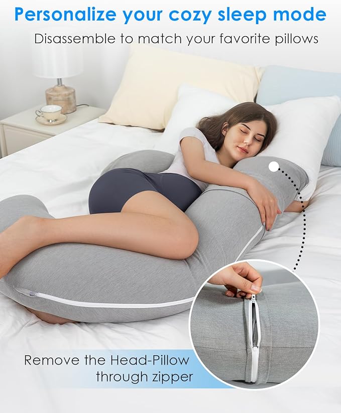 QUEEN ROSE Cooling Pregnancy Pillows, E Shaped Maternity Pillow for Sleeping, with Extra Wedge Pillow for Belly Support, 55 Inch Detachable Body Pillow, Breathable Cover, Grey
