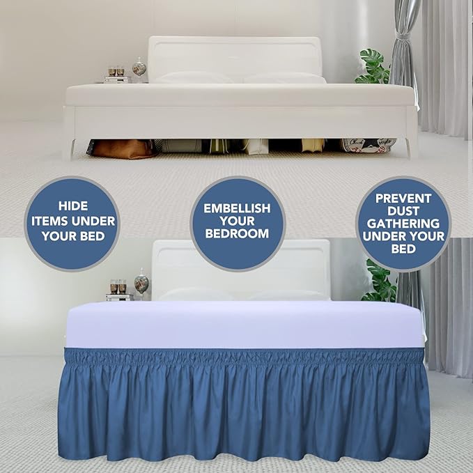 PureFit Wrap Around Ruffled Bed Skirt with Adjustable Elastic Belt - 14 Inch Drop Easy to Put On, Wrinkle Free Bedskirt Dust Ruffles, Bed Frame Cover for Queen, King and C-King Size Beds, Navy
