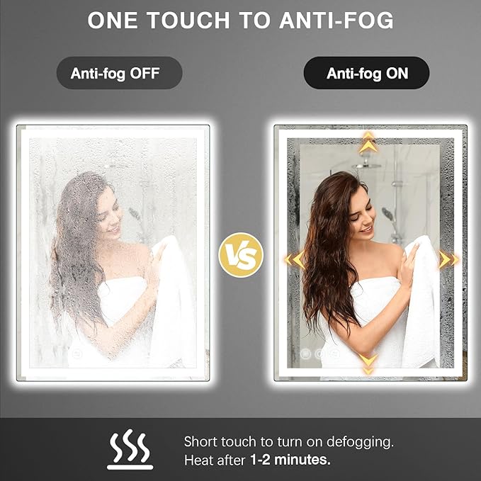 LED Bathroom Mirror 24"x 40" with Frontlit and Backlit, Anti-Fog, Stepless 3 Colors Temperature & Dimmable, Memory Tempered Glass