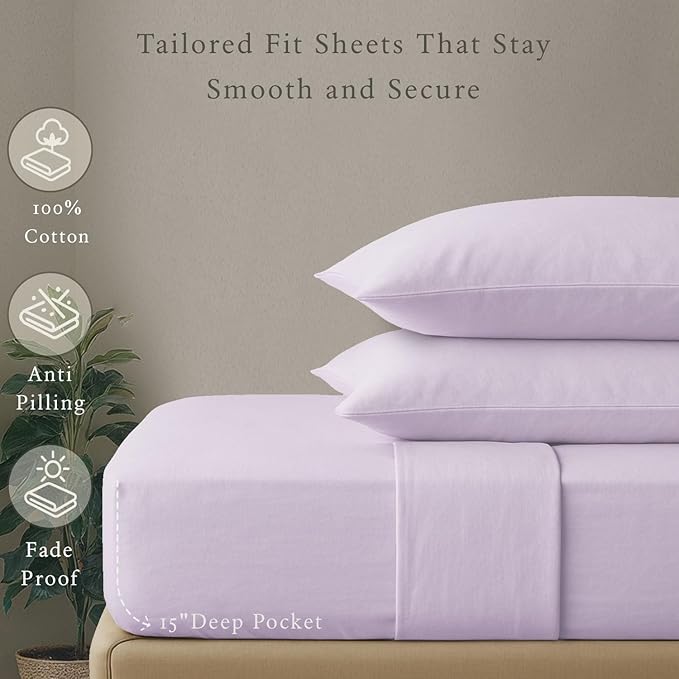 Threadmill Cotton Twin Sheets Set, 5 Star Hotel Quality Bed Sheets, 100% Cotton Sheets, 500 Thread Count, Deep Pocket, Snug Fit for Twin Mattress, Soft & Crisp 3 Piece Sheet Set, Lilac