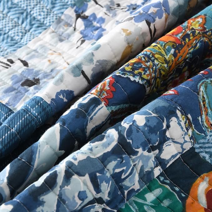 Autumn Dream Cotton Bedspread Quilt Sets Reversible Bedding Coverlet Sets, Luxury Vintage Paisley Floral Patchwork Blue Bedspread, Queen Size
