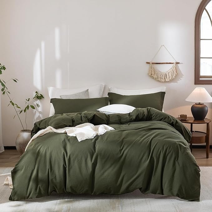 Olive Green Duvet Cover Oversize Queen Size, 100% Washed Cotton Bedding Set Cover 1 Duvet Cover 98inch x 98inch with Zipper Closure and 2 Pillowcases, Olive Green