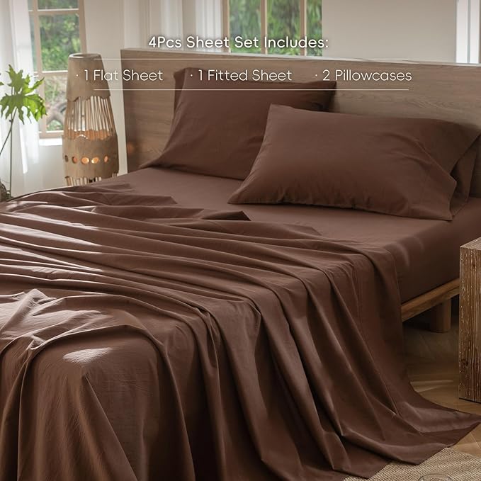 MooMee Bedding Sheet Set 100% Washed Cotton Linen Like Textured Breathable Durable Soft Comfy (Solid Cocoa Brown, Queen)