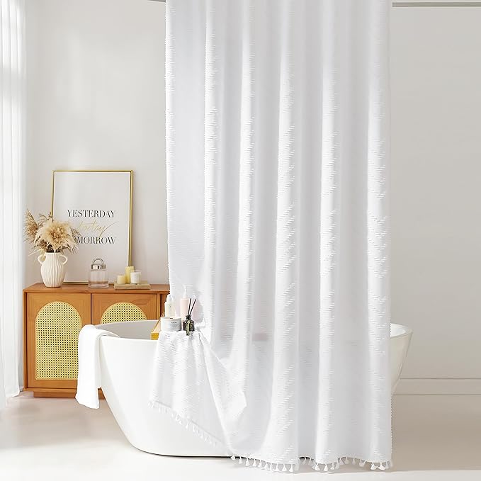 Extra Long Shower Curtains 72 x 84 Inches Tufted Chevron White Shower Curtains Fabric for Bathroom Modern Shabby Chic Waterproof Cloth Shower Curtain
