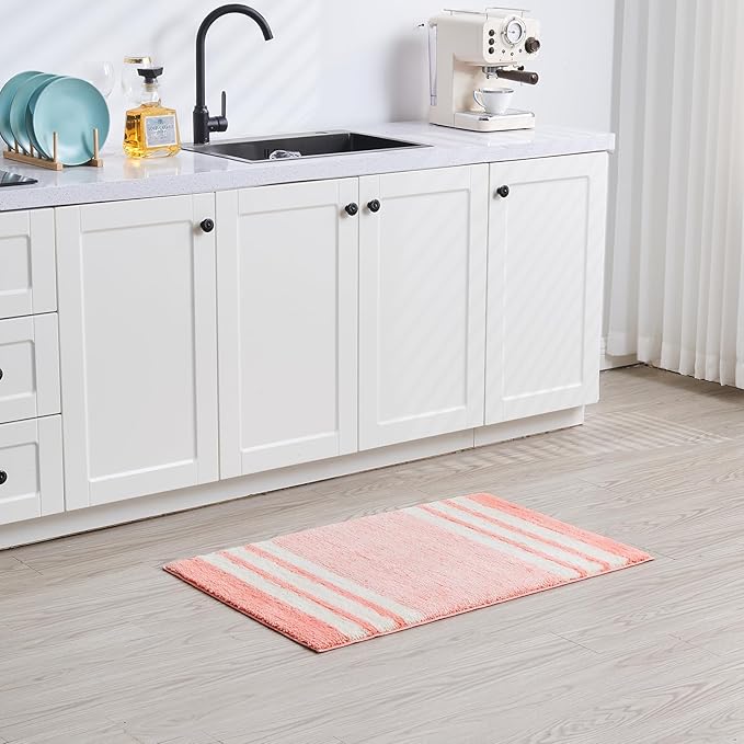 CozeCube Bath mats for Bathroom Non Slip, Fluffy Absorbent Microfiber Bath mat Washable, Aesthetic Bathroom Rugs, Small Blossom Pink Striped Bath mat, Blossom Pink, 24" x 16"