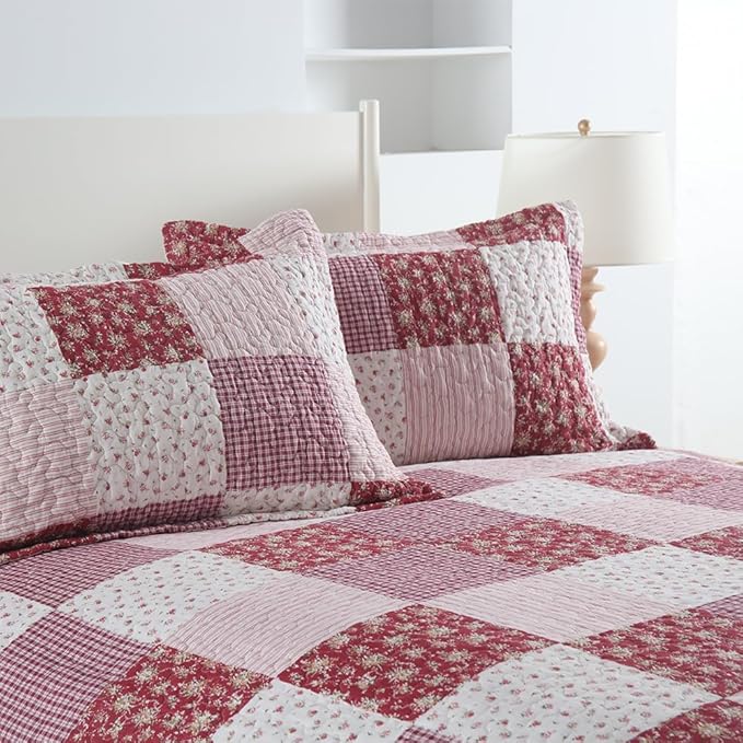 ENASAL Cotton Bedspread Quilt Bedding Sets Reversible Coverlet Sets Comforters Plaid Floral Red White Patchwork Pattern Bedspread for All Season, Queen Size
