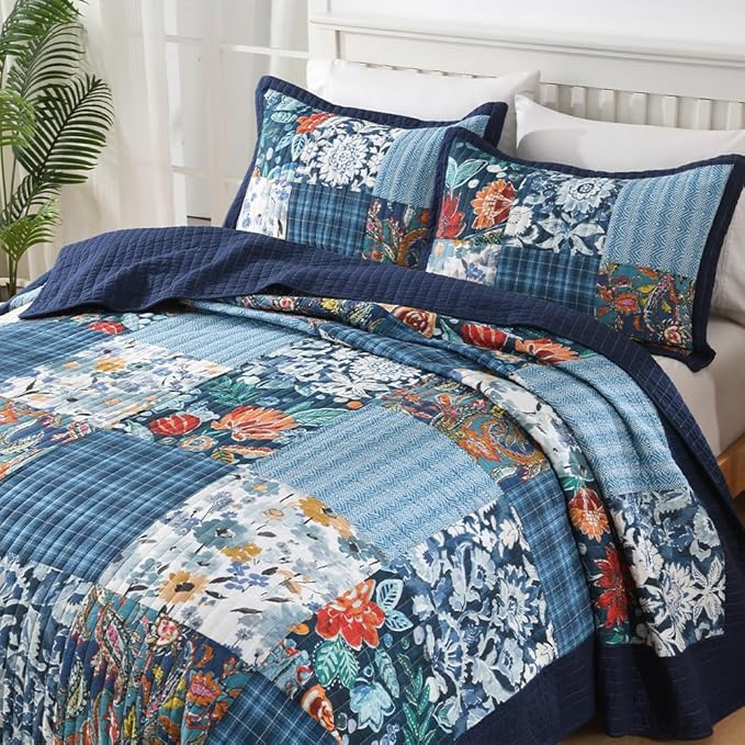 Autumn Dream Cotton Bedspread Quilt Sets Reversible Bedding Coverlet Sets, Luxury Vintage Paisley Floral Patchwork Blue Bedspread, King Size