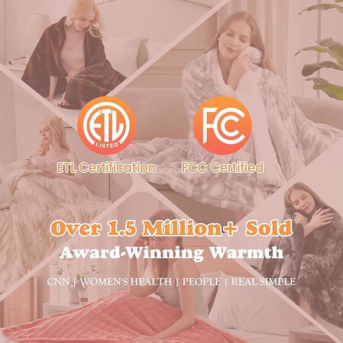 Heated Blanket Faux Fur & Sherpa Full Size, Safe Electric Blanket ETL & FCC Certified, Soft Warm 6 Heating Levels & 10 Hours Auto-Off, Machine Washable, 72"x84" Light Grey & White Pattern