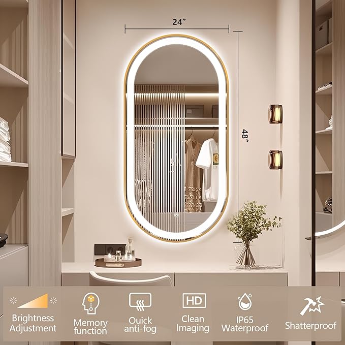 48" x 24" Oval LED Bathroom Mirror with Lights, Gold Metal Framed Anti-Fog LED Vanity Mirror, Lighted Bathroom Mirrors Wall Mounted, Stepless Dimmable, Shatter-Proof, Horizontal/Vertical