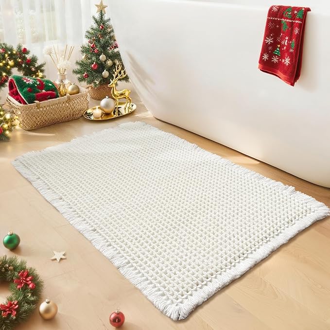 White Bathroom Rugs, Waffle Bath Mat Non Slip Washable, Super Absorbent & Quick Dry, Boho Bath Mat Farmhouse Bathroom Decor, 24'' x 36'', White