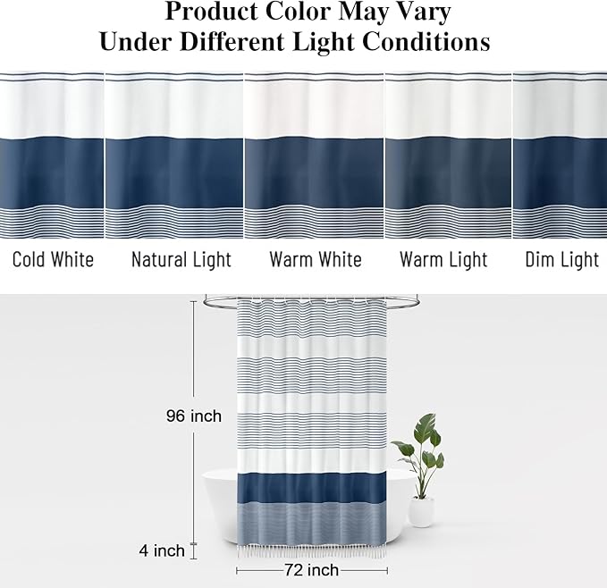 Awellife Navy Blue Shower Curtain for Bathroom Stripe Tassel Shower Curtain 72 X 96 Inches Farmhouse Cotton Extra Long