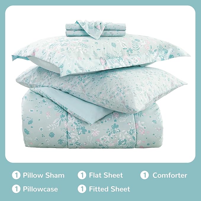 Viviland Kids Twin Bedding Sets for Girls, Soft Twin Comforter Set with Sheets, 5 Pieces Microfiber Bed in a Bag, Green Butterfly