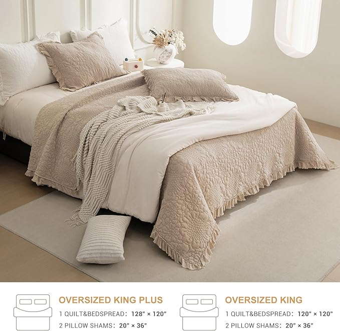 QSH 3PCs Dark Wheat Oversized King Quilt Bedspread Set(120"x120"),Stonewashed Cotton Ruffled Quilt California King,Ultra Soft Lightweight Crinkled Shabby Bedspread Coverlet Bedding Set for All Seasons