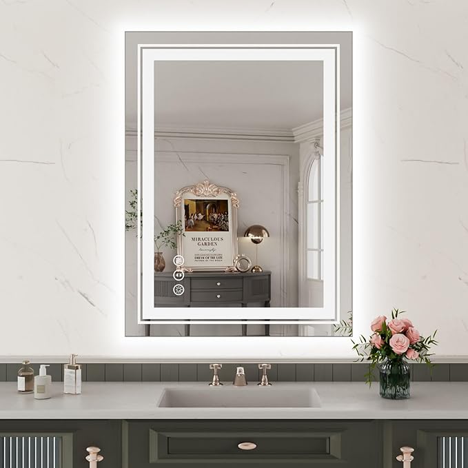 WTTY LED Bathroom Mirror with Backlit and Front Light, 23.6" X 31.5" Stepless Dimmable LED Mirror for Bathroom,Anti-Fog Lighted Bathroom Vanity Mirror Modern for Wall,Memory Function,Shatter-Proof