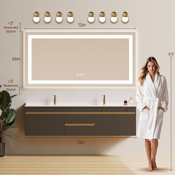 72X36 LED Bathroom Mirror with Lights, Anti-Fog, Backlit + Front Lit, Lighted Bathroom Vanity Mirror for Wall, Memory Function, Dimmable, Tempered Glass, Shatter-Proof, ETL Listed