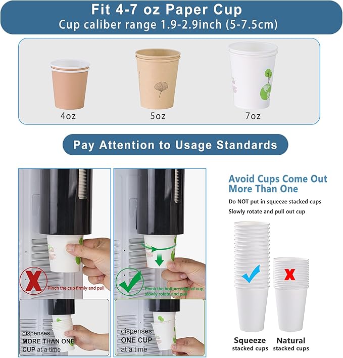 Cup Dispenser, Wall Mount Water Cooler Cup Dispenser fits 4-7 oz Disposable Paper and Plastic Cups, Pull Type Cup Holder for Bathroom, Office, Break Room, Gym, Black