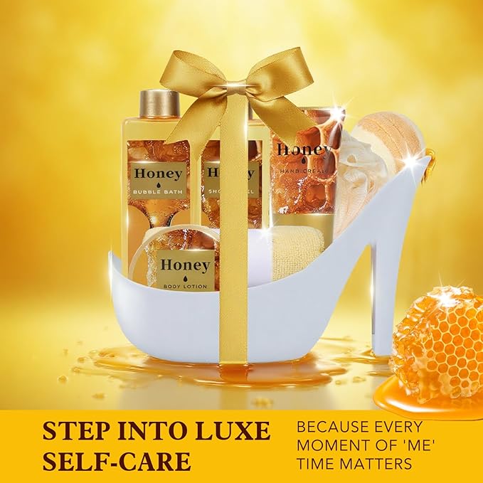 Christmas Gifts for Women, Honey Spa Gift Basket for Women, Bath Set with Golden Bath Bombs & Skin-Repairing Butter, Anniversary Gifts for Her, Wife, Girlfriend