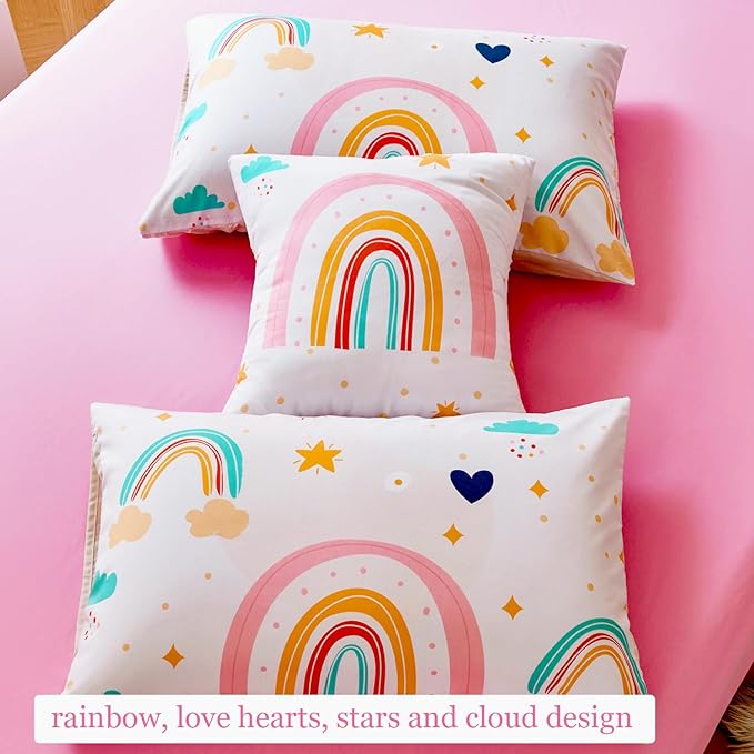 ANGIYUIN 6 Pieces Multi-Color Rainbow Twin Size Comforter Set for Girls Kids Cute Cloud and Love Hearts Girls Bedding Set Soft Microfiber Girl Bed in a Bag with Comforter, Sheets, Pillowcases