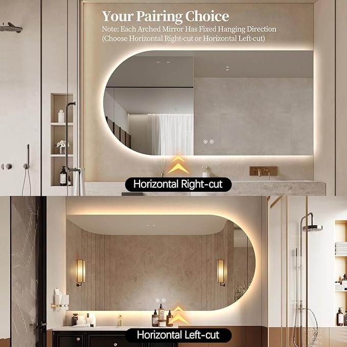 Arched LED Bathroom Mirror, 55"x28" Arch Framless Backlit Mirror with Lights Vanity Mirror for Makeup, Anti-Fog, Dimmable, 3-Color, Memory Function, IP65 Waterproof, UL Listed, Horizontal-Left
