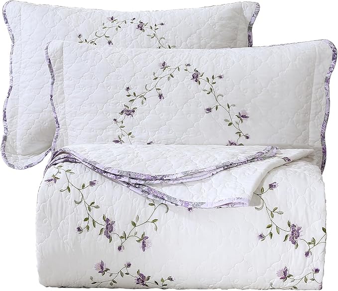 vctops 3-Piece Elegant Floral Embroidered Bedspread Coverlet Set 100% Cotton Reversible Patchwork 1 Quilt and 2 Pillow Shams Full/Queen, Purple