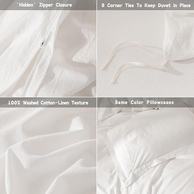 Linen Feel Duvet Cover Full Size 90inch x 80inch,100% Washed Cotton Duvet Cover with Zipper Closure and 2 Pillowcases, Color of Off White