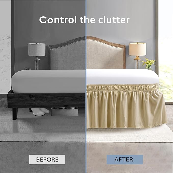 FreshCulture Full Bed Skirt, Elastic Wrap Around Bed Skirt Full Bed, Easy Fit with 15-Inch Tailored Drop, Hotel Quality Dust Ruffle for Full Size Bed, Bed Skirt Full Size (Beige)