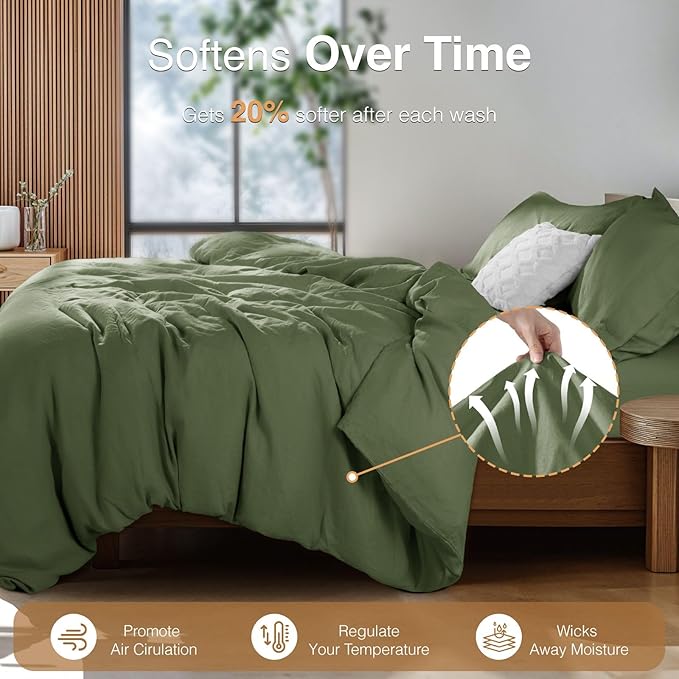 SONORO KATE 100% French Linen Duvet Cover King Size, Soft Breathable for Hot Sleepers, Moisture Wicking & Durable Cover Set - Zipper Closure & 4 Corner Ties Duvet Covers 3 Piece (Olive Green,King)