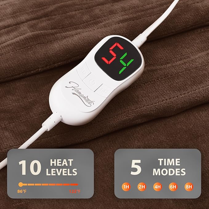 Homemate Heated Blanket Electric Throw - 50"x60" Heating Blanket Throw 1/2/4/6/8 Hours Auto-Off 10 Heat Level Over-Heat Protection Flannel Sherpa ETL Certification