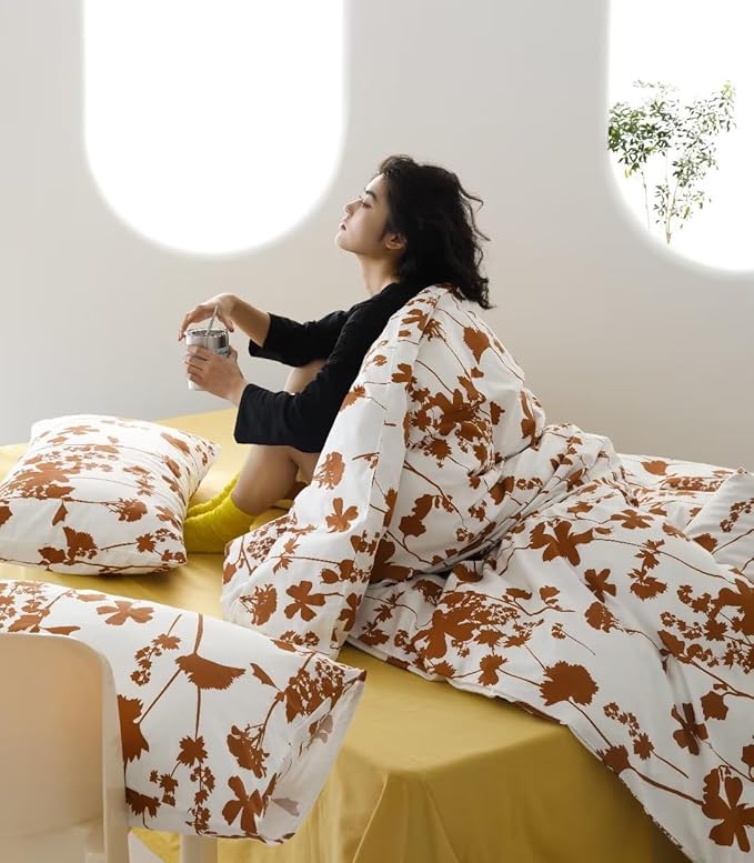 karever Botanical Comforter Set Queen White and Pumpkin Floral Plant Bedding Girls Garden Pattern Printed on Blanket Rustic Leaf Blossom Women Farmhouse Queen,Queen(90''*90'')