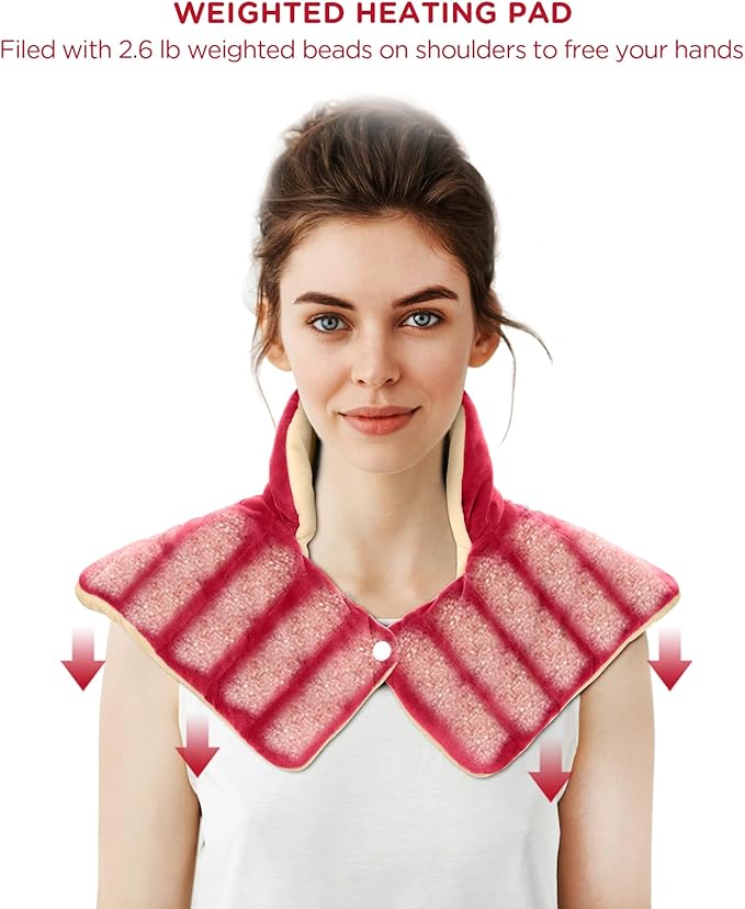 Heating Pad for Neck and Shoulders and Back, Comfytemp Weighted Electric Heat Pad for Pain Relief, 2.6lb Large Heated Wrap, 9 Heat Settings, 11 Auto-Off, Women Men Birthday Gifts Red