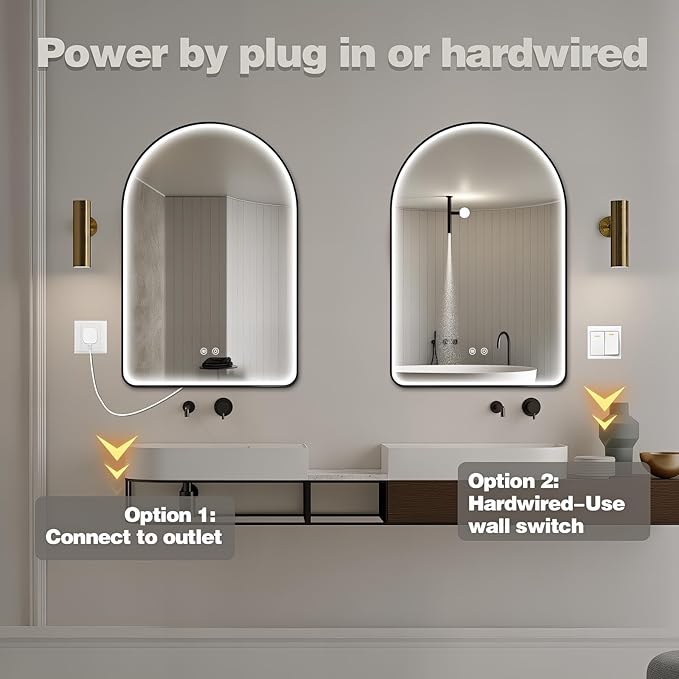 Niccy Arched LED Bathroom Mirror, 30"x20" Black Framed Arch Wall Lighted Mirrors, Arching Frontlit Vanity-Mirror with Memory Function for Bathroom Bedroom, Defogger and 3 Color, Explosion-Proof