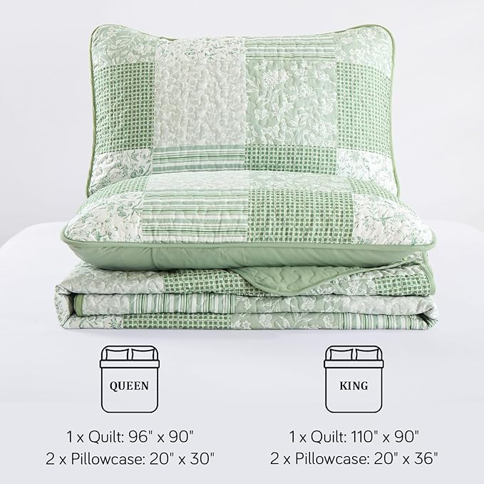 Mybedsoul Light Green Quilt Set King Size, 3 Pieces Plaid Floral Bedspread Set Patchwork Reversible Bedding Set Microfiber Lightweight Bedspread Coverlet Set for All Season 110"x90"