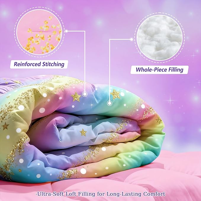 Rainbow Bedding Set Full Size – 6-Piece Reversible Girls Comforter with Deep-Pocket Sheet, Gradient Galaxy Design, Whole-Piece Filling, Machine Washable Bed-in-a-Bag for Kids Room Makeover & Gifts