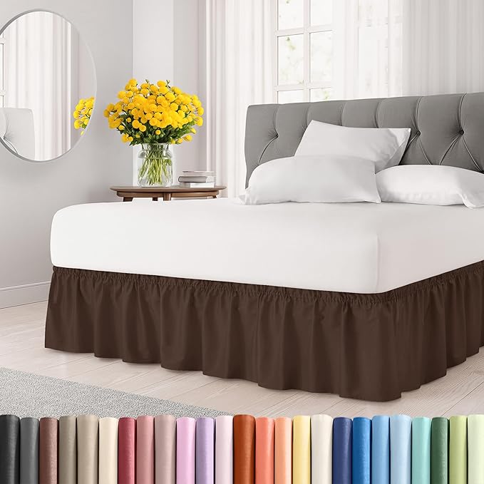 Wrap Around Dust Ruffle Bed Skirt - Brown - for Queen Size Beds with 18 Inch Drop - Easy Fit Elastic Strap - Adjustable Pleated Bedskirt w/Brushed Fabric - Wrinkle Free - for Women, Men, Kids & Teens