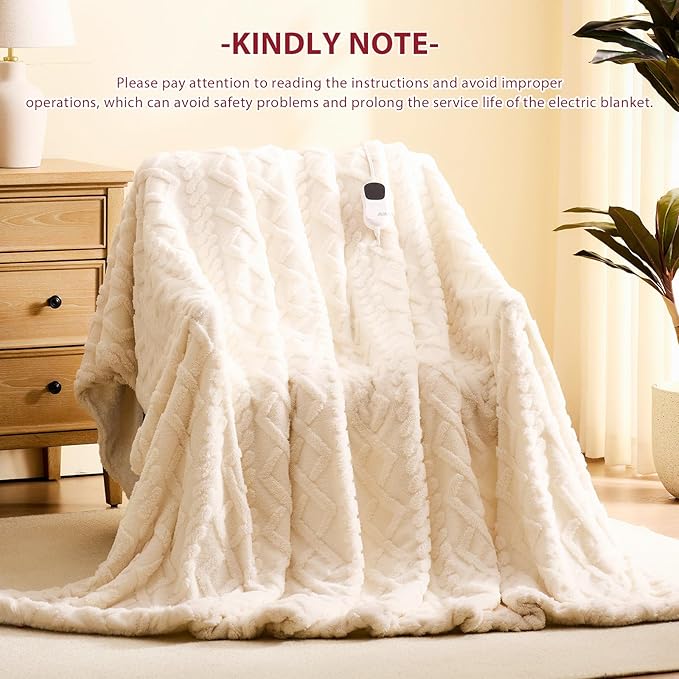 Heated Electric Blanket Twin Size-62"x84" Heating Blanket with 10 Heating Levels & 5 Time Settings Over-Heat Protection，Winter Warmer for Adults with ETL Certification（Cream）