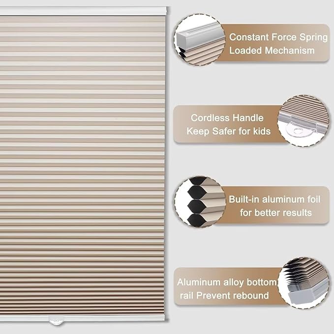 MYshade 1.5-Inch Cellular Cordless Blackout Shades,Thermal Insulating Noise Reducing Waterproof Blinds,Honeycomb Window Treatments for Indoor Light Control (Beige-23 W x 50" H)