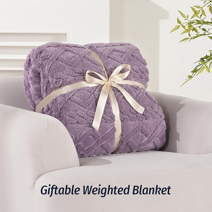 Wemore Weighted Blanket for Adults Twin Size 15 lbs, Dual Sided Soft Fuzzy Jacquard Sherpa Weighted Blankets for Sleeping, Cozy Fluffy Knitted Heavy Blanket for Couch Bed, Purple, 60 x 80 inches