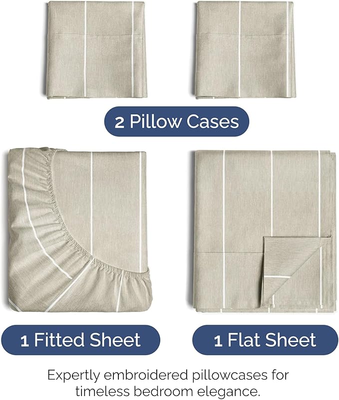 King Size 4 Piece Sheet Set - Comfy Breathable & Cooling Sheets - Hotel Luxury Bed Sheets for Women & Men - Deep Pockets, Easy-Fit, Soft & Wrinkle Free Sheets - Beige Stripes Oeko-Tex Bed Sheet Set