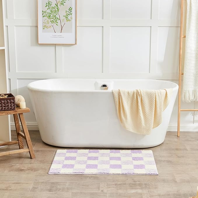 CozeCube Bath mats for Bathroom Non Slip, Fluffy Absorbent Microfiber Bath mat Washable, Aesthetic Bathroom Rugs, Cute Purple Checkered Bath mat, Lavender, 32" x 20"