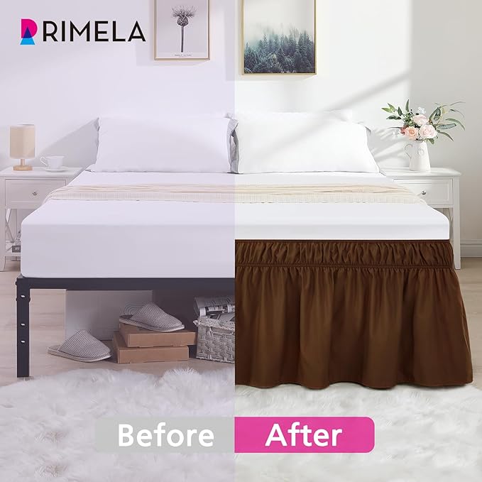 RIMELA Bed Skirt Queen Size 15 Inch Drop, Elastic Bed Skirting for Bed Base and Frame, Bedding Dust Ruffle Easy to Install, Wrap Around Adjustable Bedskirt, Chocolate Brown
