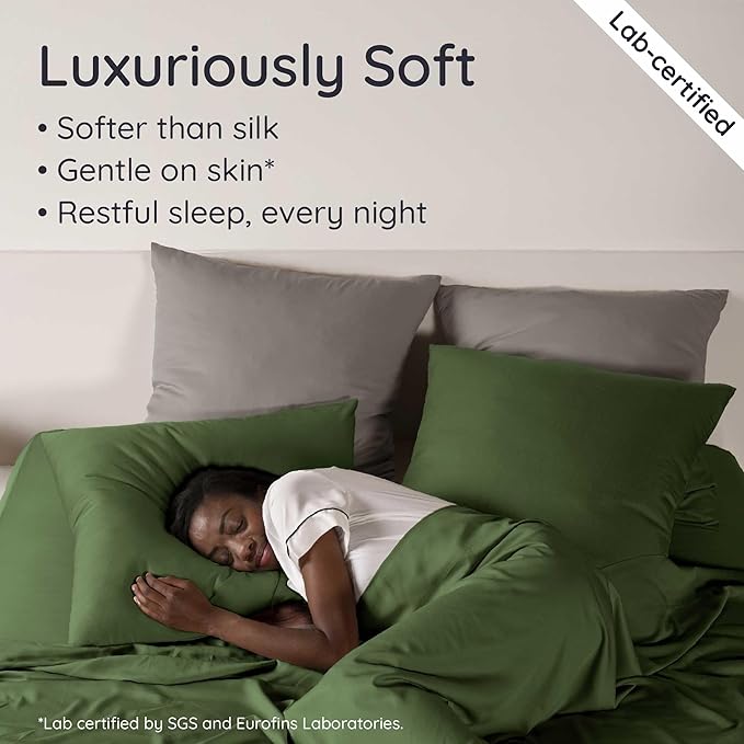 Bambaw 100% Viscose Derived from Bamboo Sheets Queen Size Set – 4pcs Cooling Sheet Set, Super Soft Sheets Queen Size, Luxury Bedding, Deep Pocket Fits Up to 16'' Mattresses (Olive)