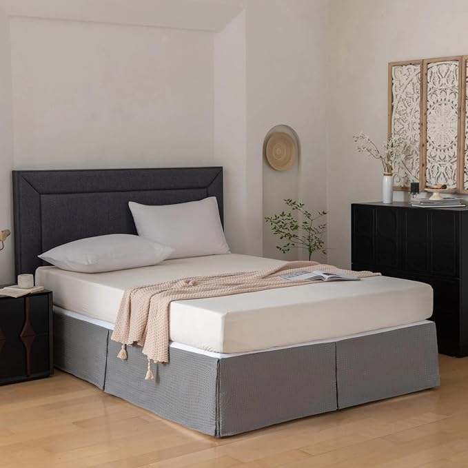 King Bed Skirt, Wrap Around Bed Skirt with Pleated Corner, 16 Inch Drop Pleated Waffle Weave Bedskirts, Anti-Slip, Microfiber, Grey, 16'' King