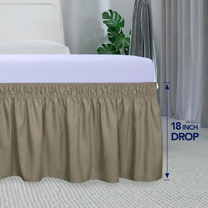 PureFit Wrap Around Ruffled Bed Skirt with Adjustable Elastic Belt - 18 Inch Drop Easy to Put On, Wrinkle Free Bedskirt Dust Ruffles, Bed Frame Cover for Queen, King and C-King Size Beds, Sand