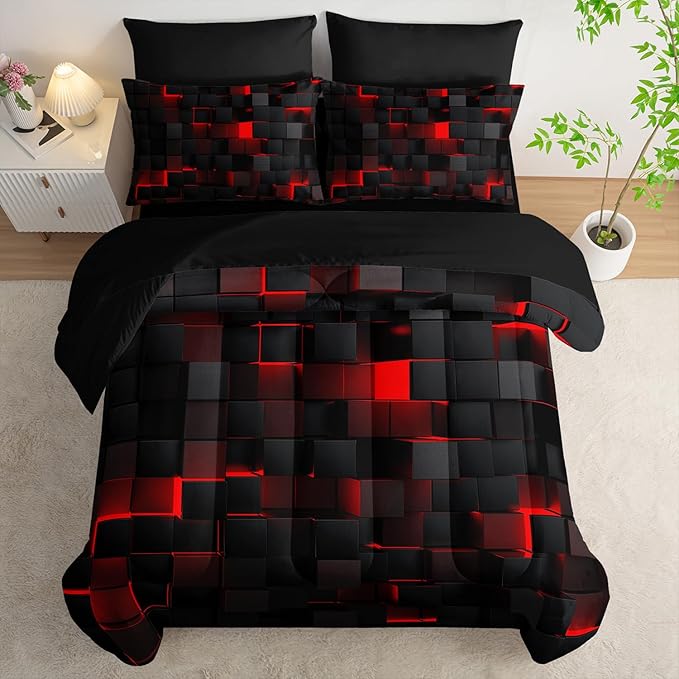 7pc Black & Red Comforter Set Queen - 3D Cube Bed in a Bag, Geometric Pattern, Soft Microfiber Bedding, All Season