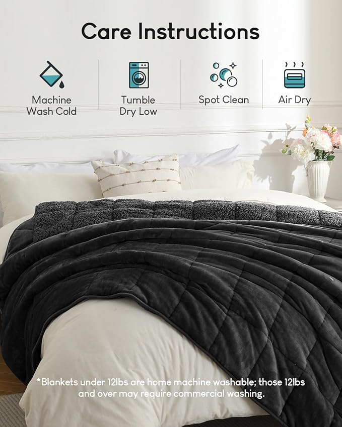 Cottonblue Weighted Blanket 15lbs for Queen Bed - Ultra Soft, Cozy Comfort Sherpa Blanket for Relax and Sleep, Heavy Bed Blankets with Cemaric Beads, 60x80 Inches,Black
