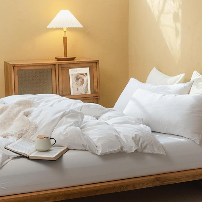 FOSSA Duvet Cover Set 100% Washed Cotton Linen Feel Super Soft Breathable Cozy 3 Pieces Bedding Sets Solid Off White Full/Double
