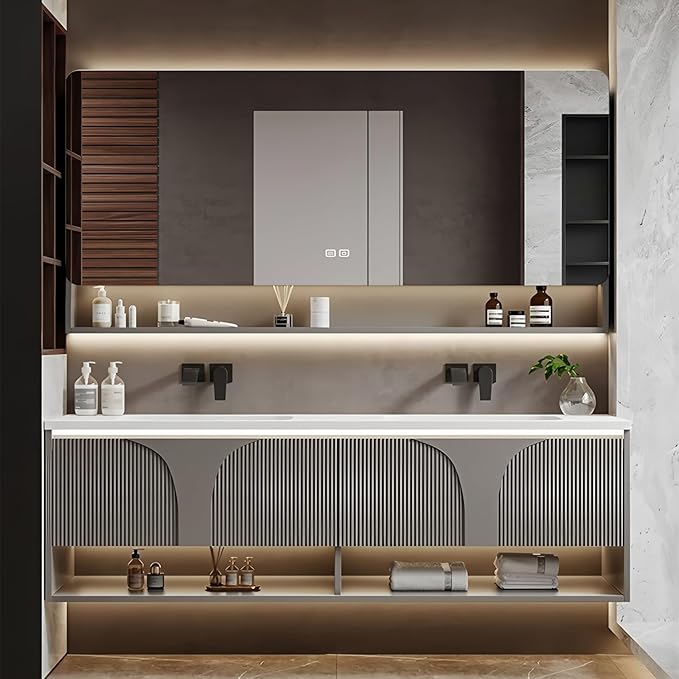 Double Bathroom Vanity with Sink, 52IN Floating Bathroom Vanity Set with Smart Defogging Mirror Cabinet and Open Shelf, Oak Wood Bathroom Cabinet with Two Drawers and Bottom Open Storage (Grey)