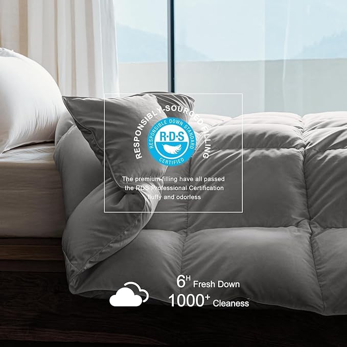Royoliving Premium Feathers Down Duvet Insert Comforter California King Size Gray Heavyweight Thickened Winter Grey 100% Cotton Cover with Corner Tabs (108x98, 77 oz)