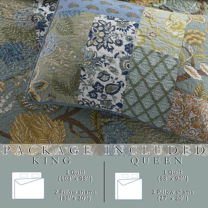 Cotton Bedspread Bedding Coverlet Quilt Sets, Reversible Vintage Branch Floral Bedspread comforters, (Rustic Sage Green Patchwork Pattern, King Size)
