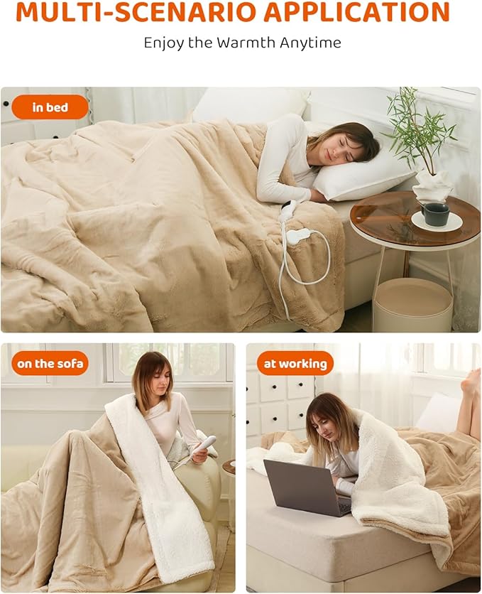 Heated Blanket Electric Blanket Queen Size, Faux Fur Heat Blanket, Super Soft Cozy Heating Blanket with 9 Heating Levels & 1-9 Hours Auto Off, Fast Heating & Overheat Protection, 84" x 90", Beige
